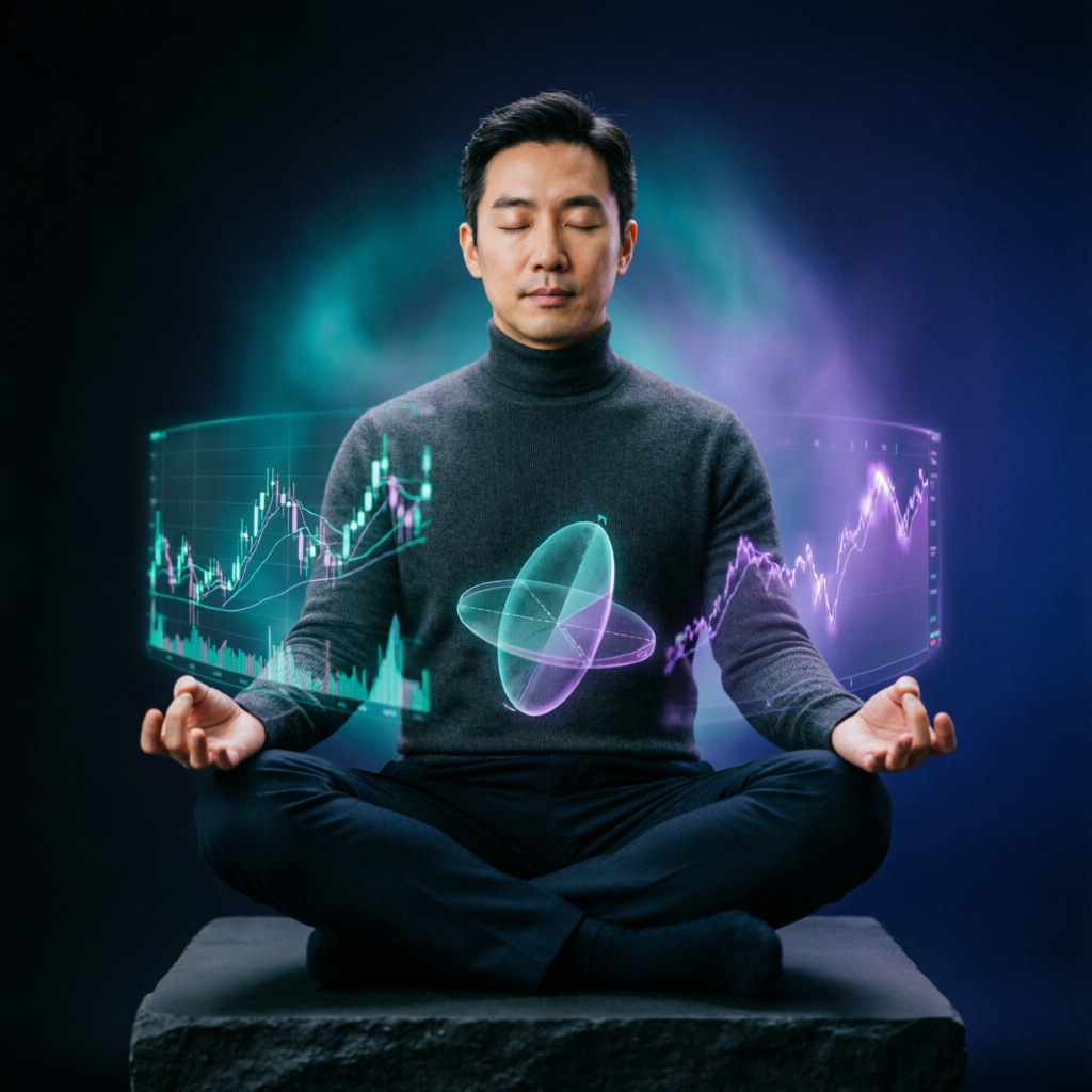 Trading psychology and discipline with calm trader and holographic charts
