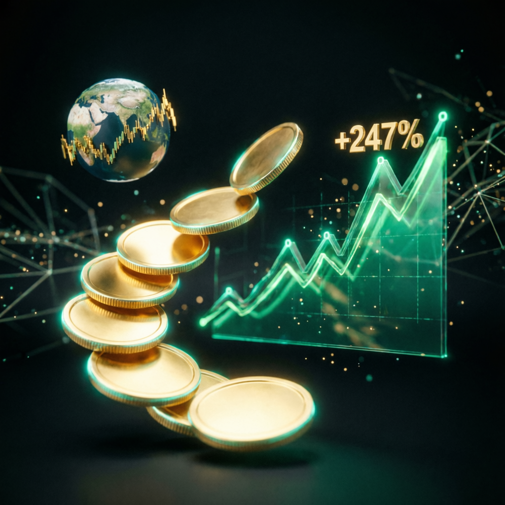 Trading success and payouts with golden coins and profit charts