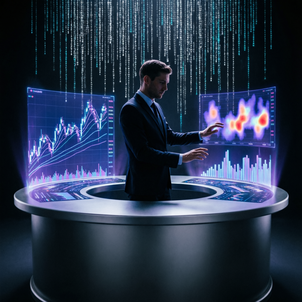 Professional forex trader with AI-powered holographic charts