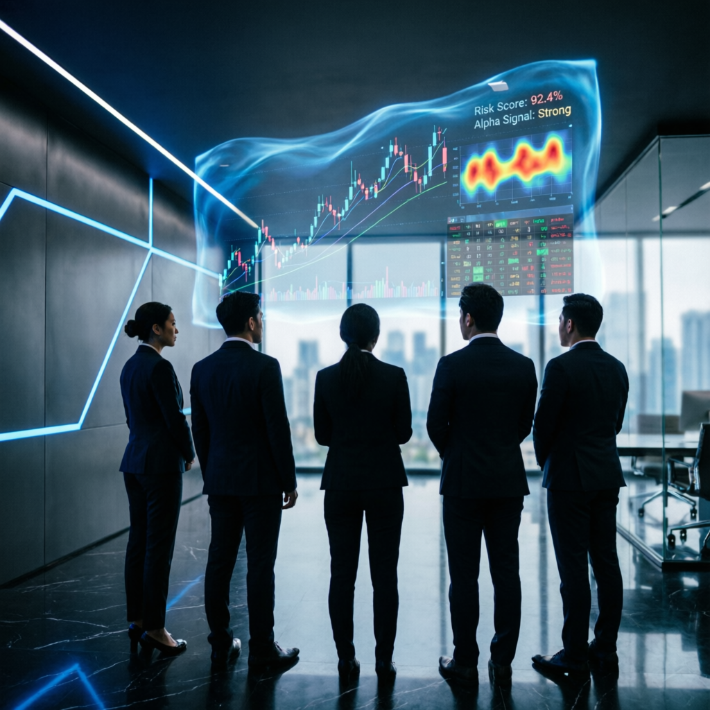 Professional trading team analyzing holographic charts