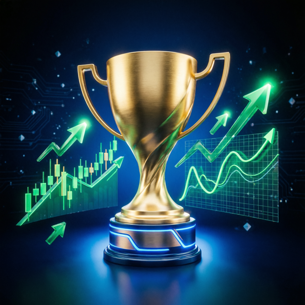 Topstep Express challenge success with golden trophy and profit charts