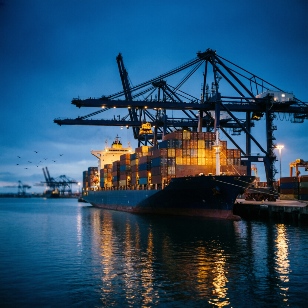 Container port at dusk