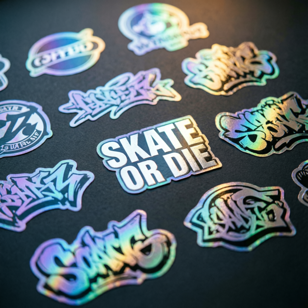 Stickers holográficos de marca de skate sobre fondo oscuro