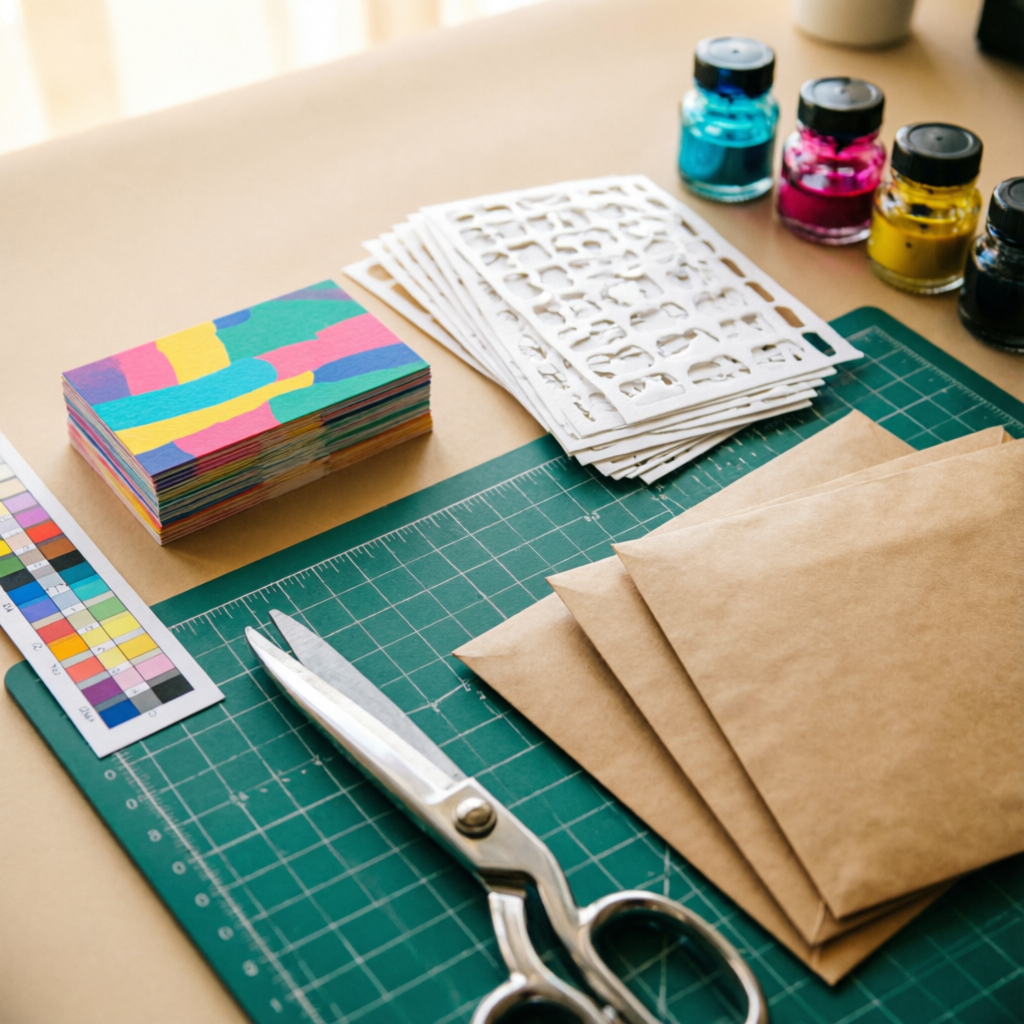 Mesa del taller Elbendg con tarjetas impresas, stickers, sobres kraft y tintas
