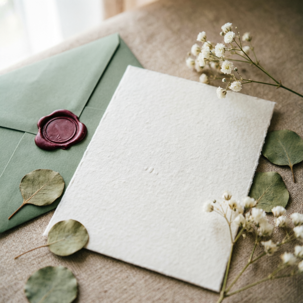 Invitación letterpress con sobre verde y lacre