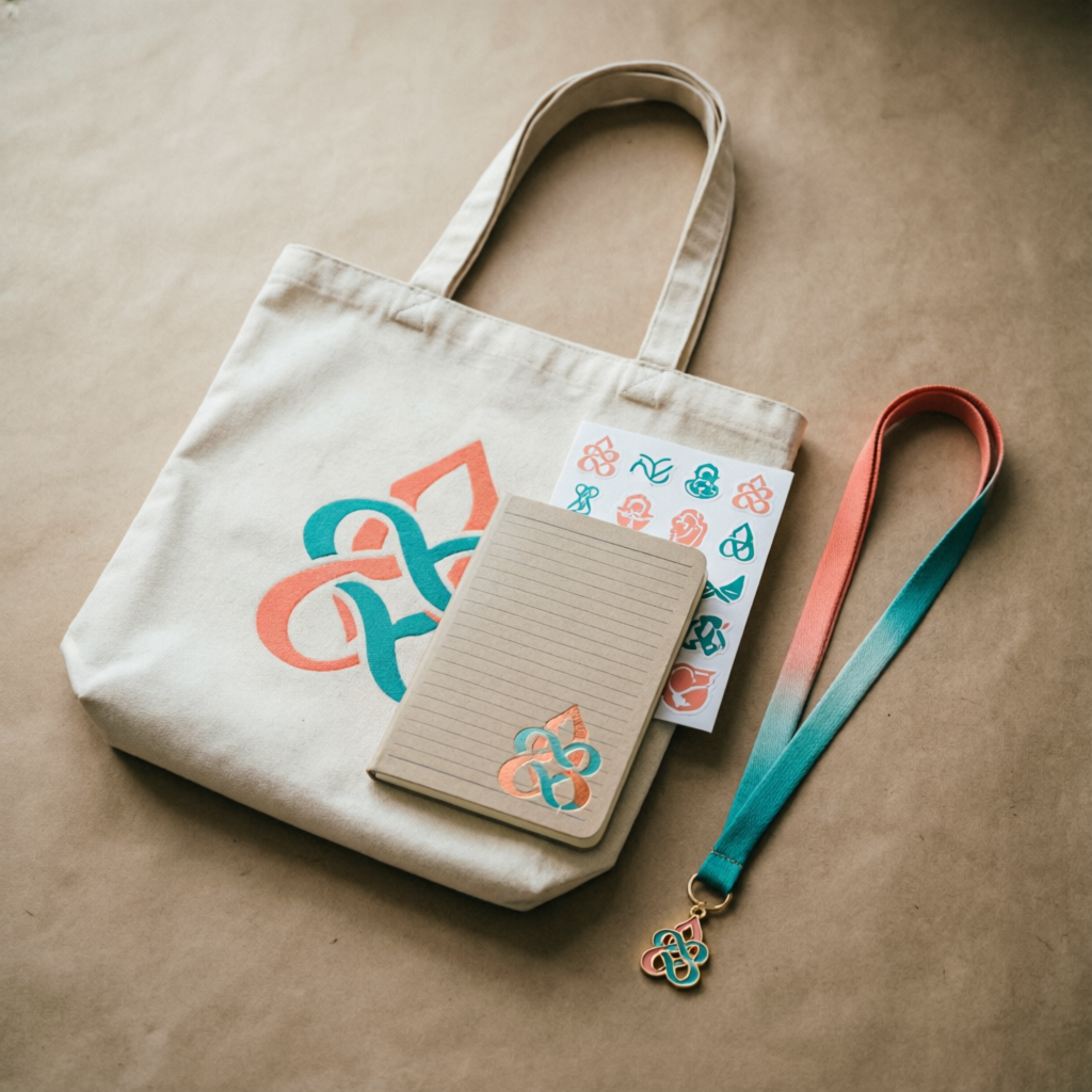 Kit de bienvenida con tote bag, libreta y stickers corporativos