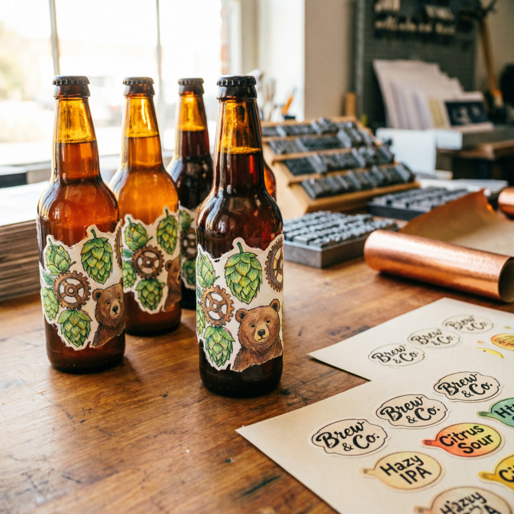 Botellas de cerveza con etiquetas ilustradas de lúpulo y oso