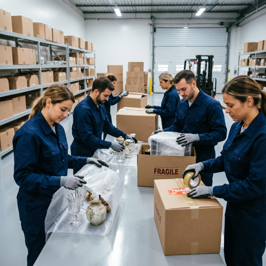 Equipo profesional embalando objetos frágiles