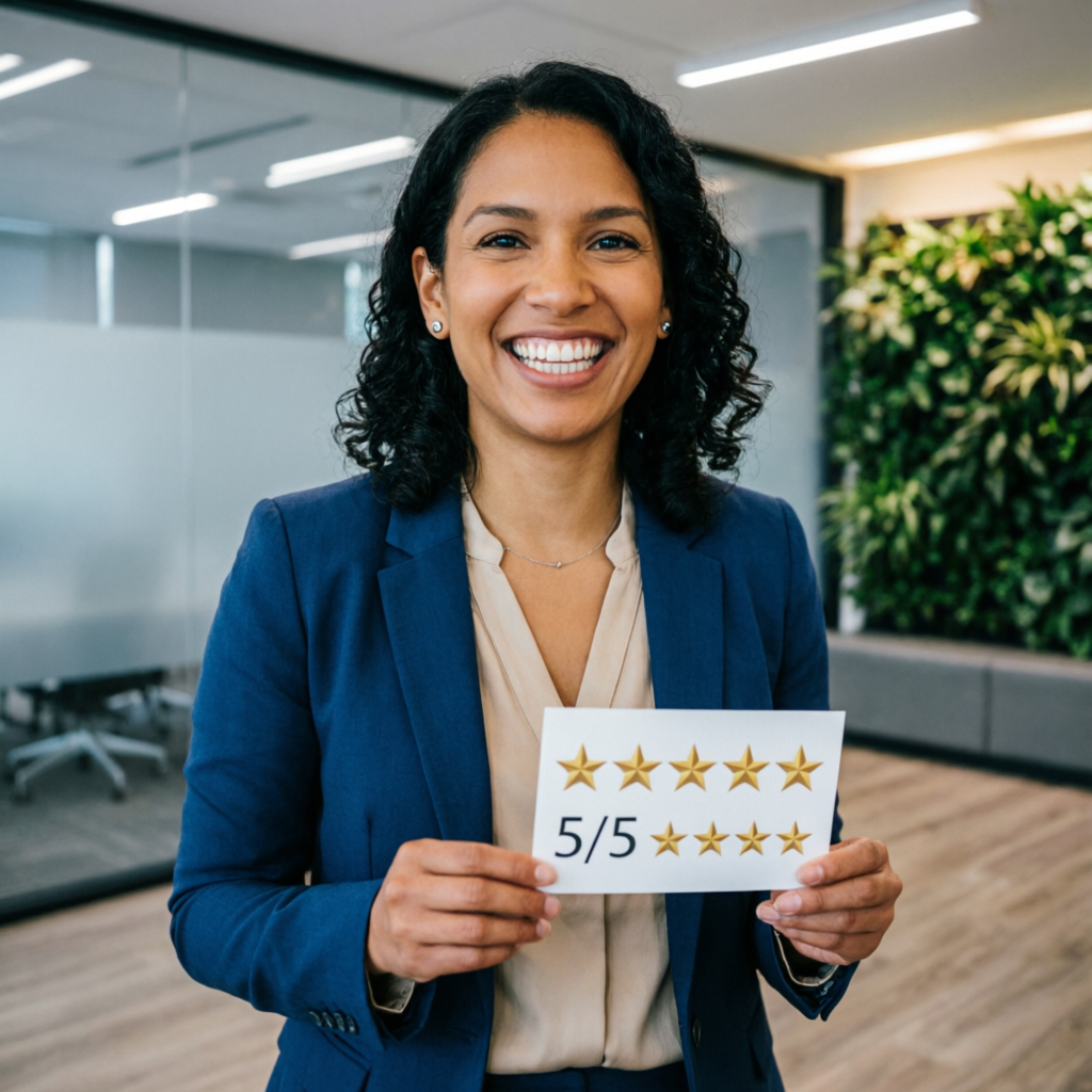 Cliente satisfecha con calificación 5 estrellas
