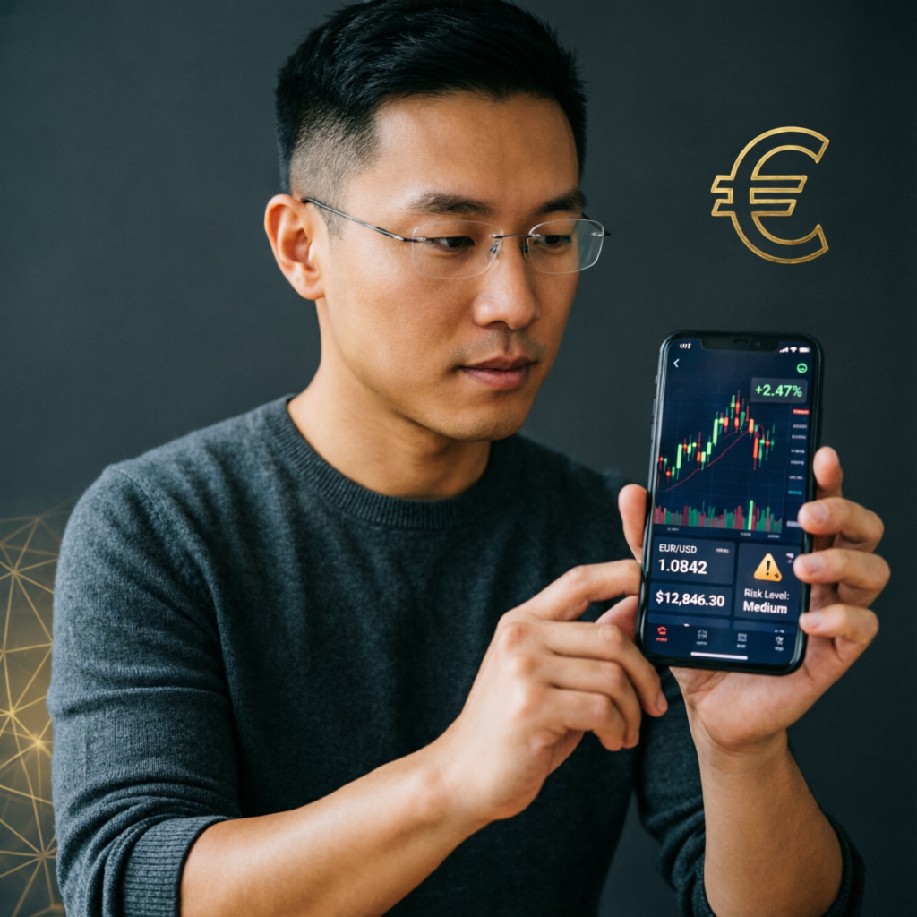 Mobile forex trading app showing live charts and profit indicators for prop firm challenge