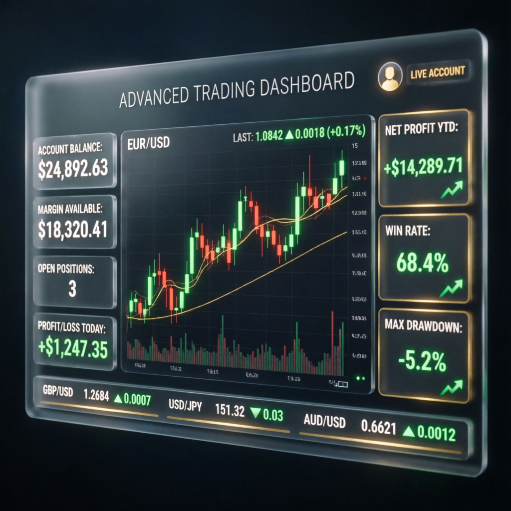 Advanced Trading Dashboard showing Audacity Capital passing service performance metrics and funded account management results