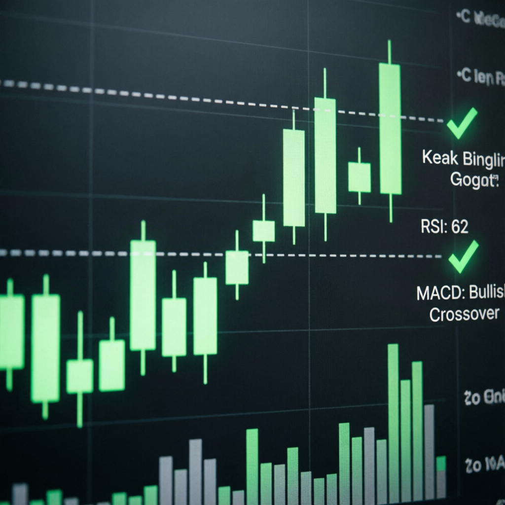Candlestick chart showing successful upward trading trend with technical analysis indicators