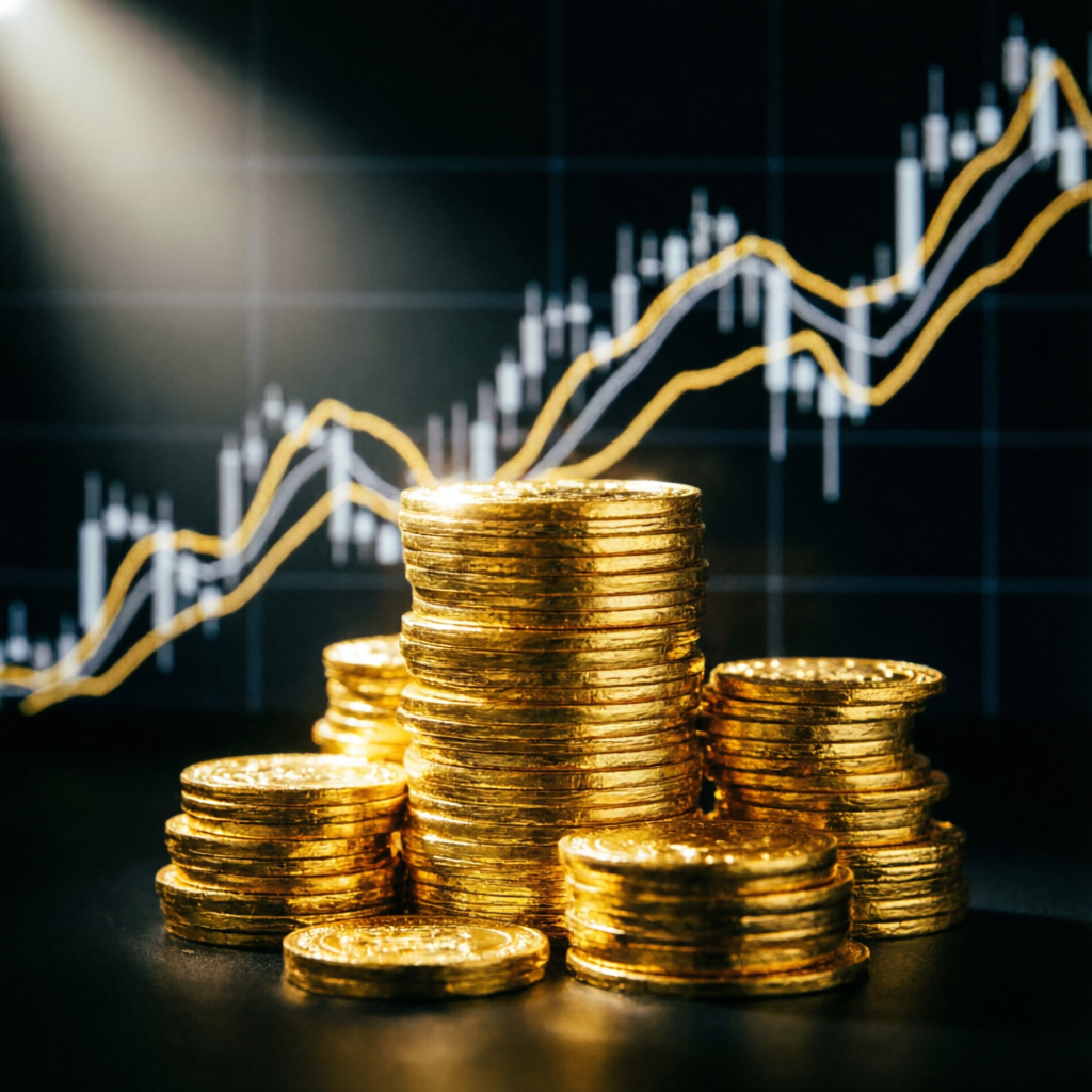 Funded account management service showing profitable trading results and gold coins representing success