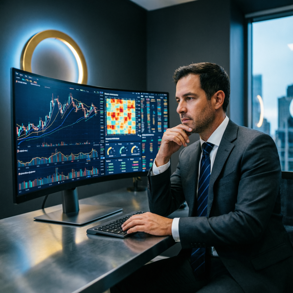Professional trader analyzing performance analytics on large monitor for Audacity Capital challenge