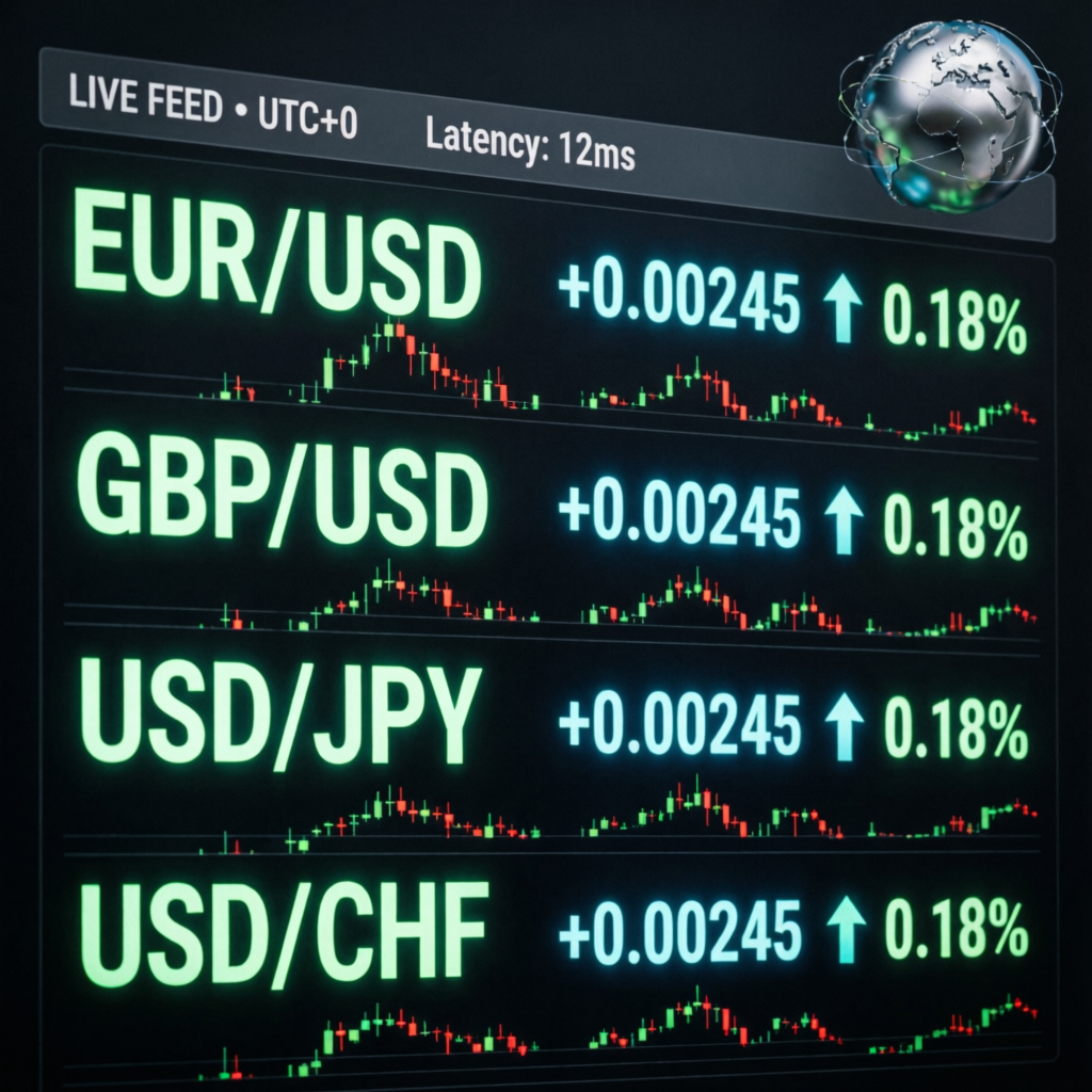 Live forex currency pairs feed showing EUR USD GBP JPY with real-time price movements