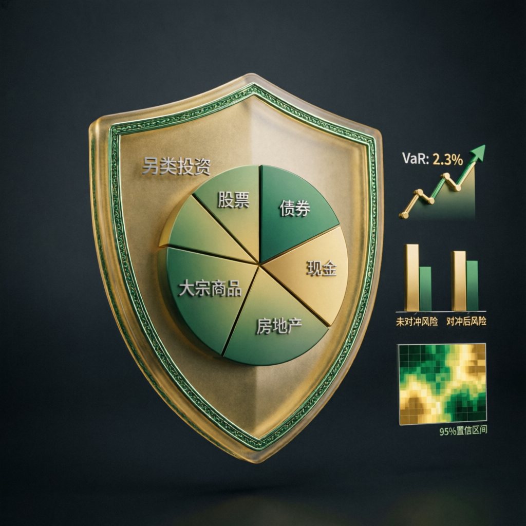 Risk management visualization with protective shield and balanced portfolio for prop firm trading