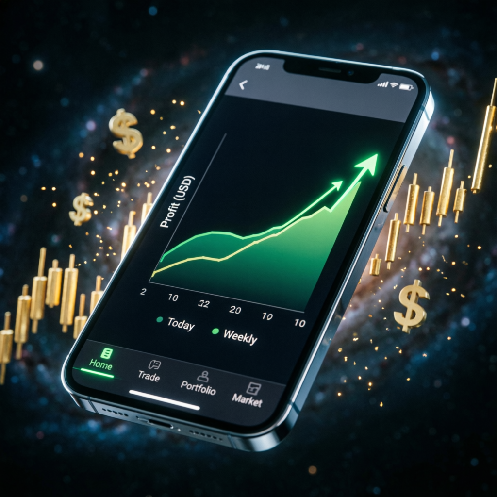 Mobile trading app showing profit growth