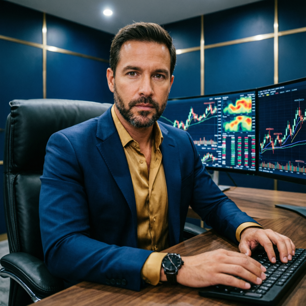 Professional forex trader with multiple monitors showing financial charts in premium dark trading office