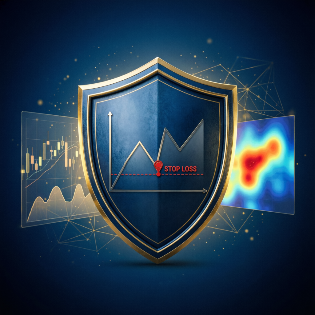 Risk management shield protecting trading portfolio with stop loss indicators