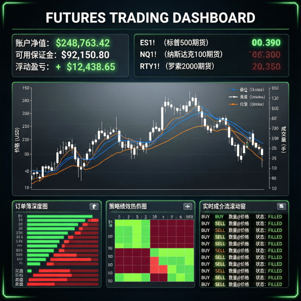 Advanced futures trading dashboard showing account metrics and financial data