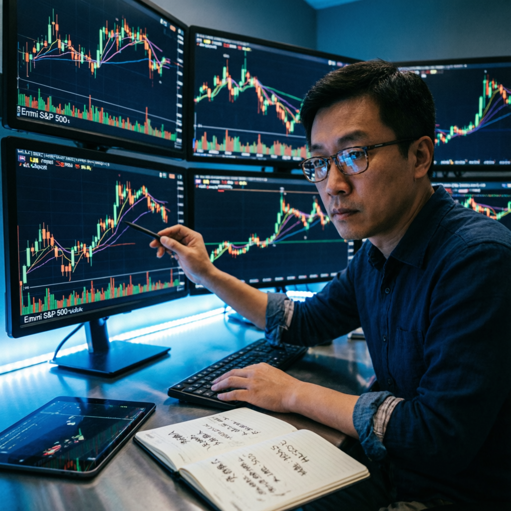 Professional trader analyzing multiple futures charts on advanced multi-monitor setup