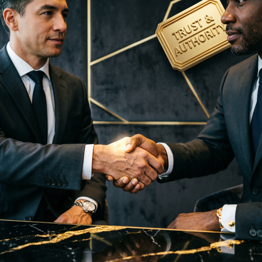Business handshake representing trust and authority in financial services