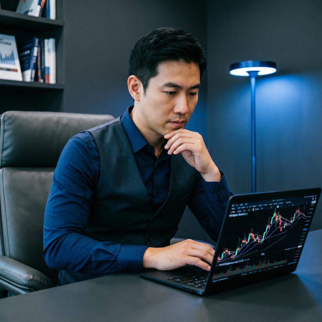 Professional trader analyzing charts and developing trading strategy