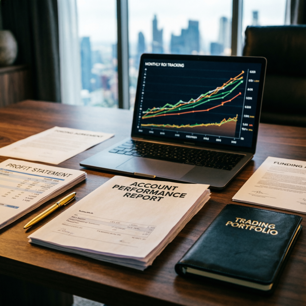 Account performance report and trading portfolio on professional desk