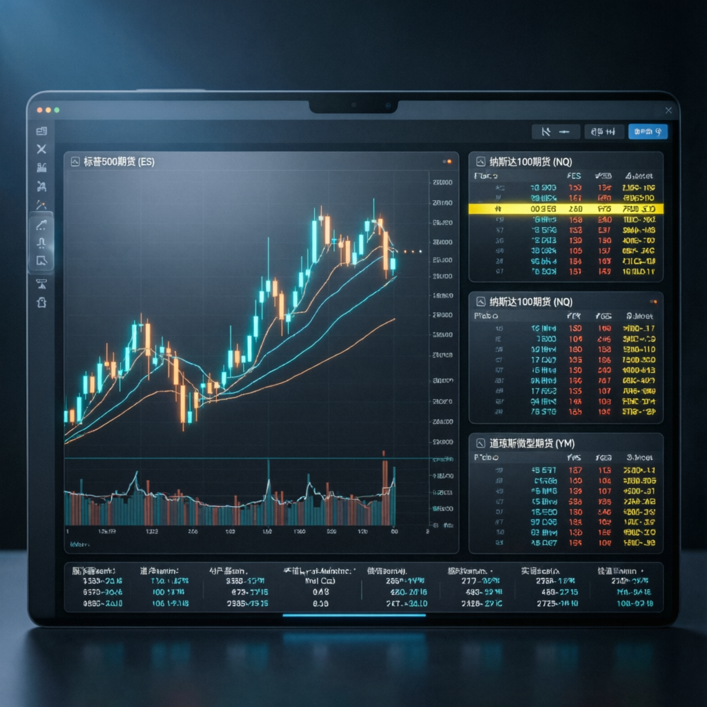 NinjaTrader platform interface showing futures trading charts and market data