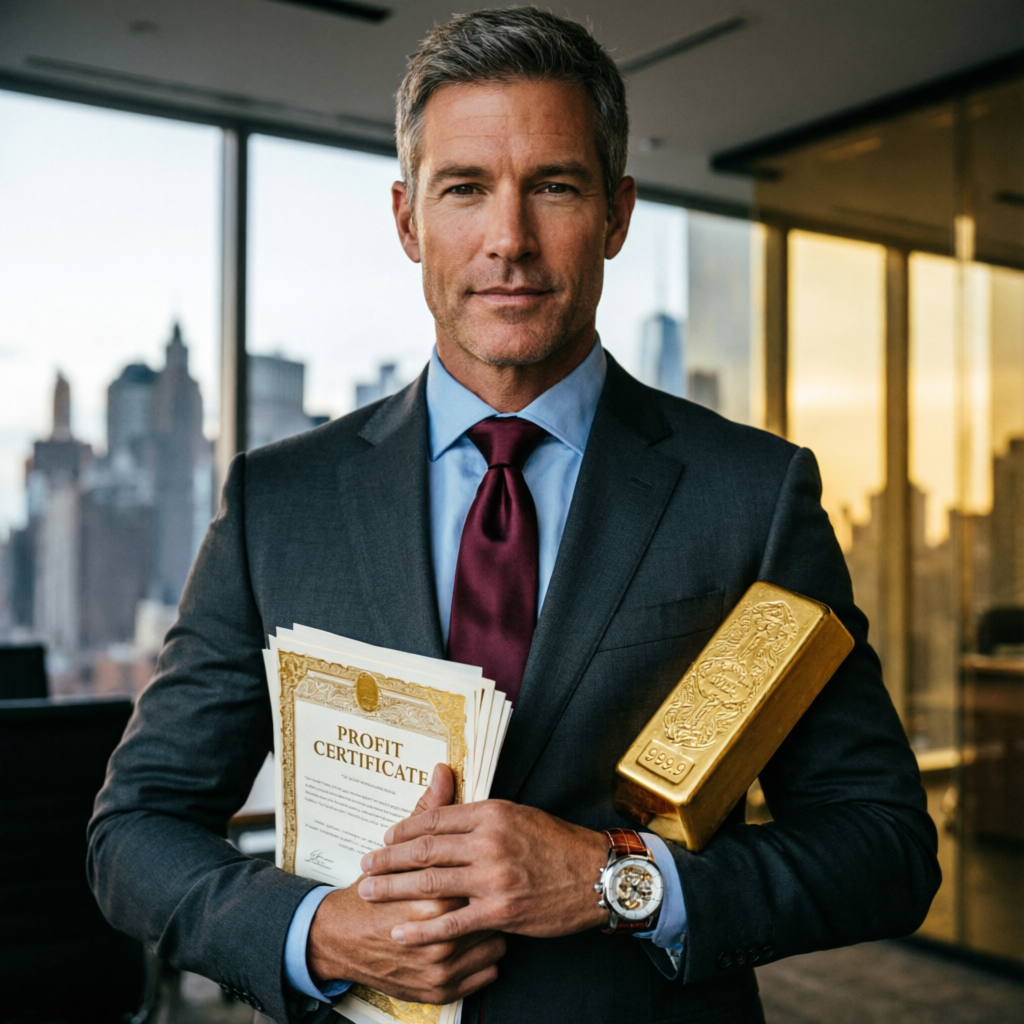 Successful trader holding profit certificate and gold bar representing trading success