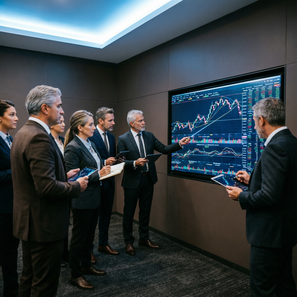 Professional trading team analyzing charts and developing advanced strategies