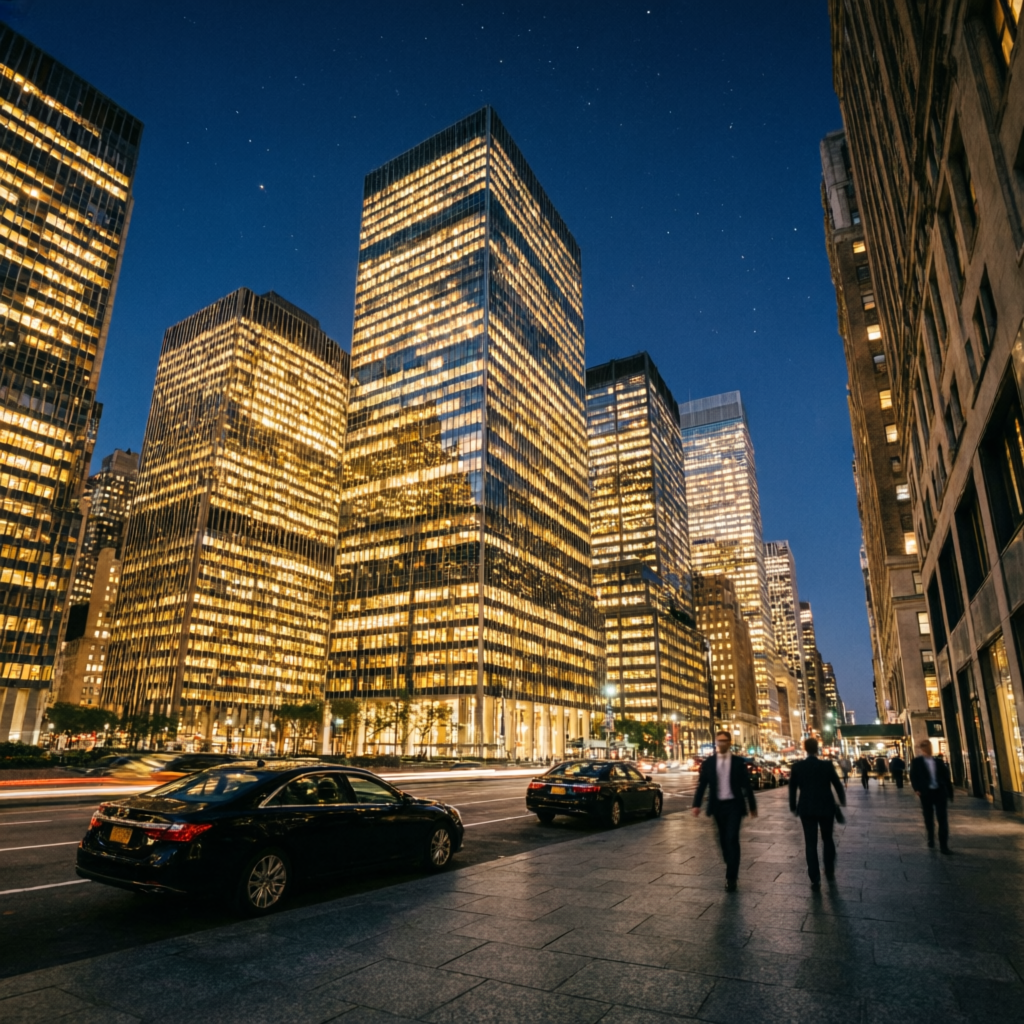 Wall Street financial district at night representing the professional trading community