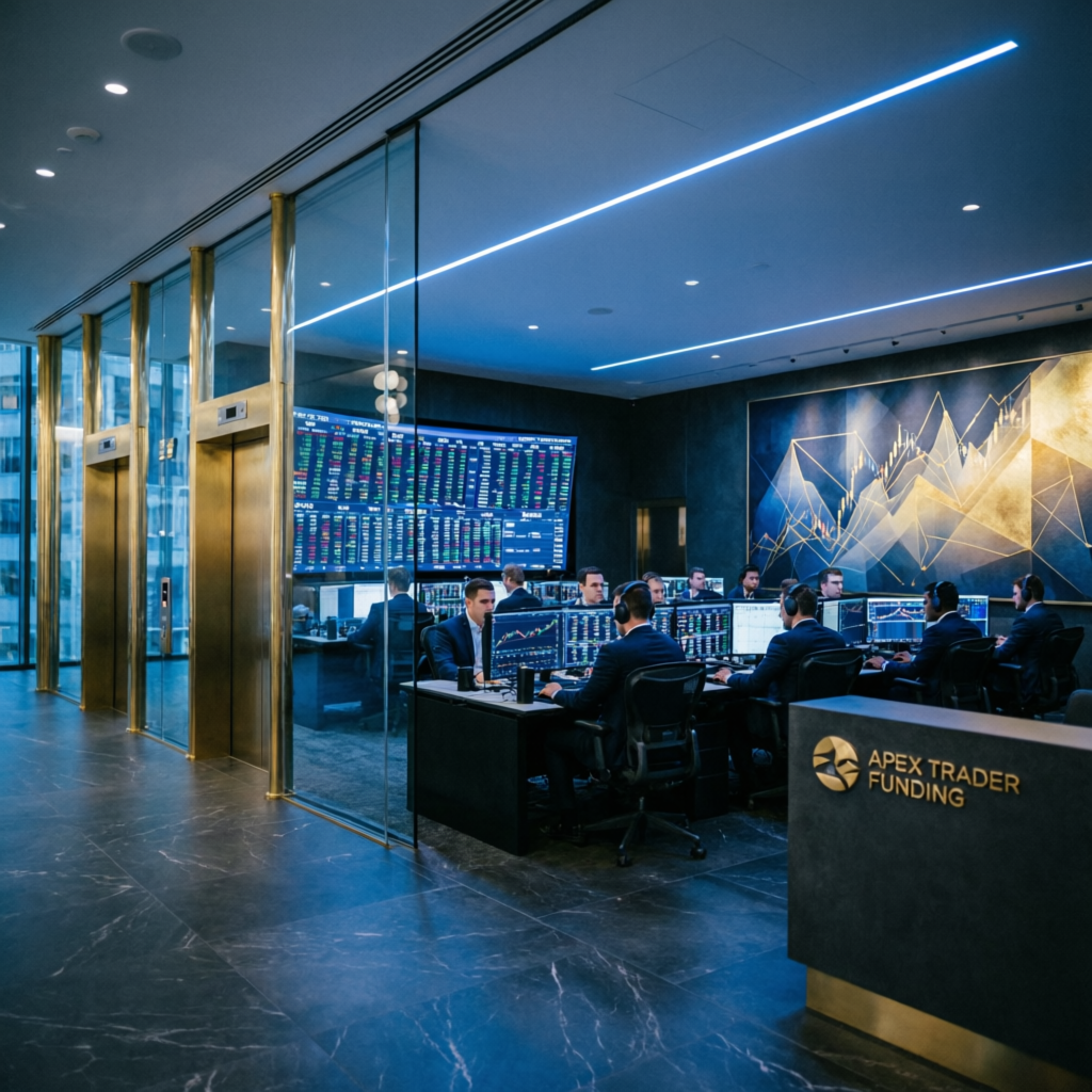 Apex Trader Funding modern corporate headquarters with professional traders and trading floor
