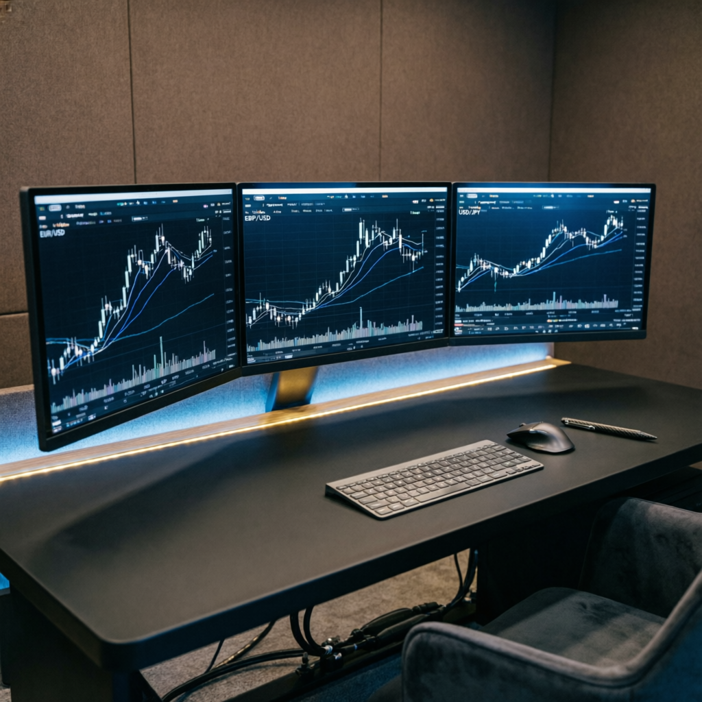 Professional forex trading setup with multiple monitors showing currency pairs