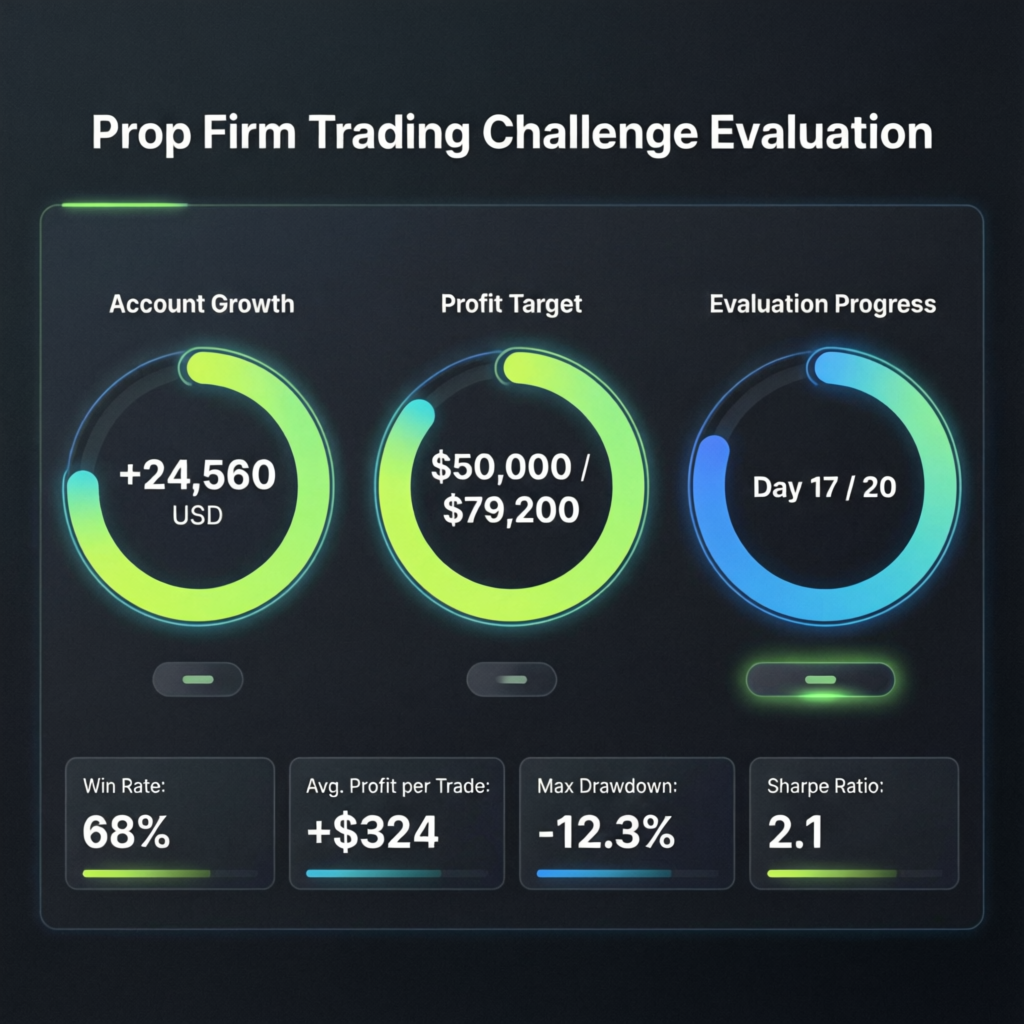 Prop firm trading challenge evaluation dashboard showing account growth and progress metrics