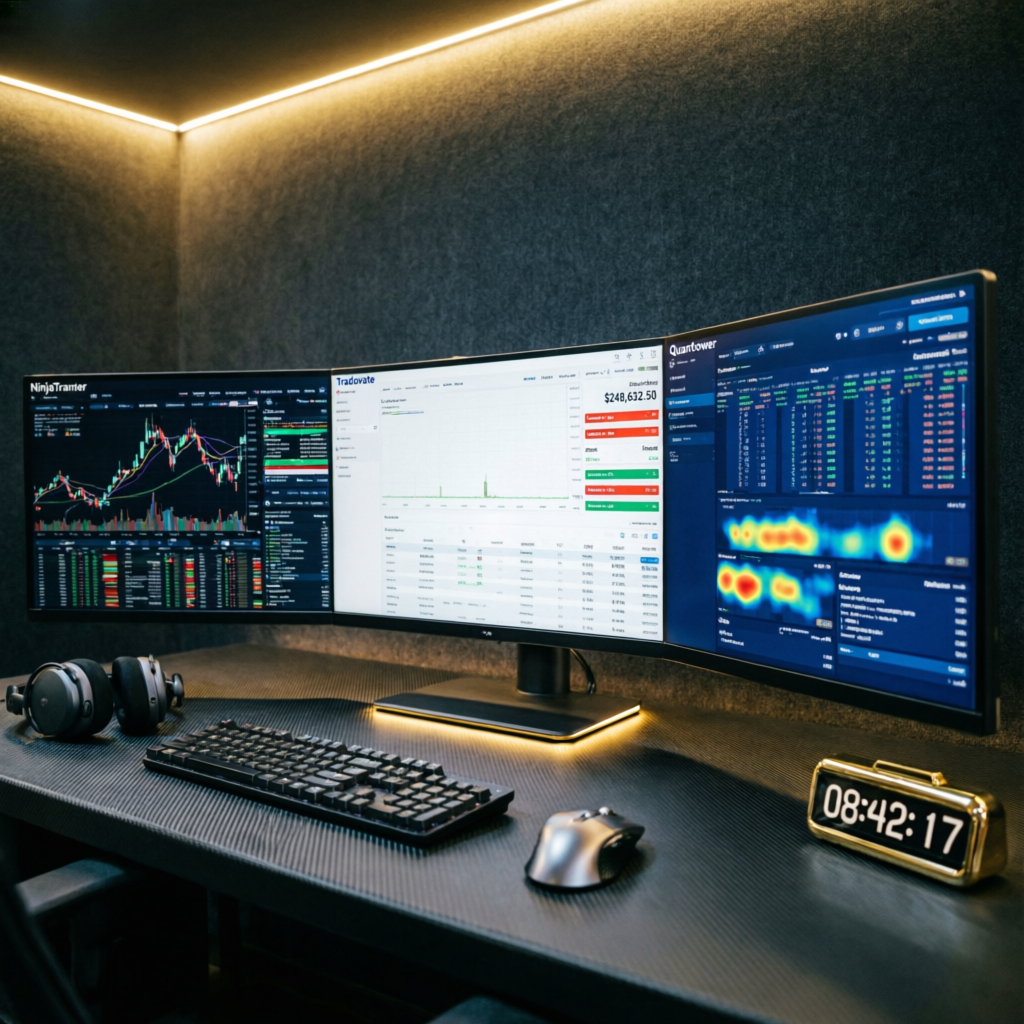 Multiple trading platforms including NinjaTrader Tradovate and Quantower on professional trading desk
