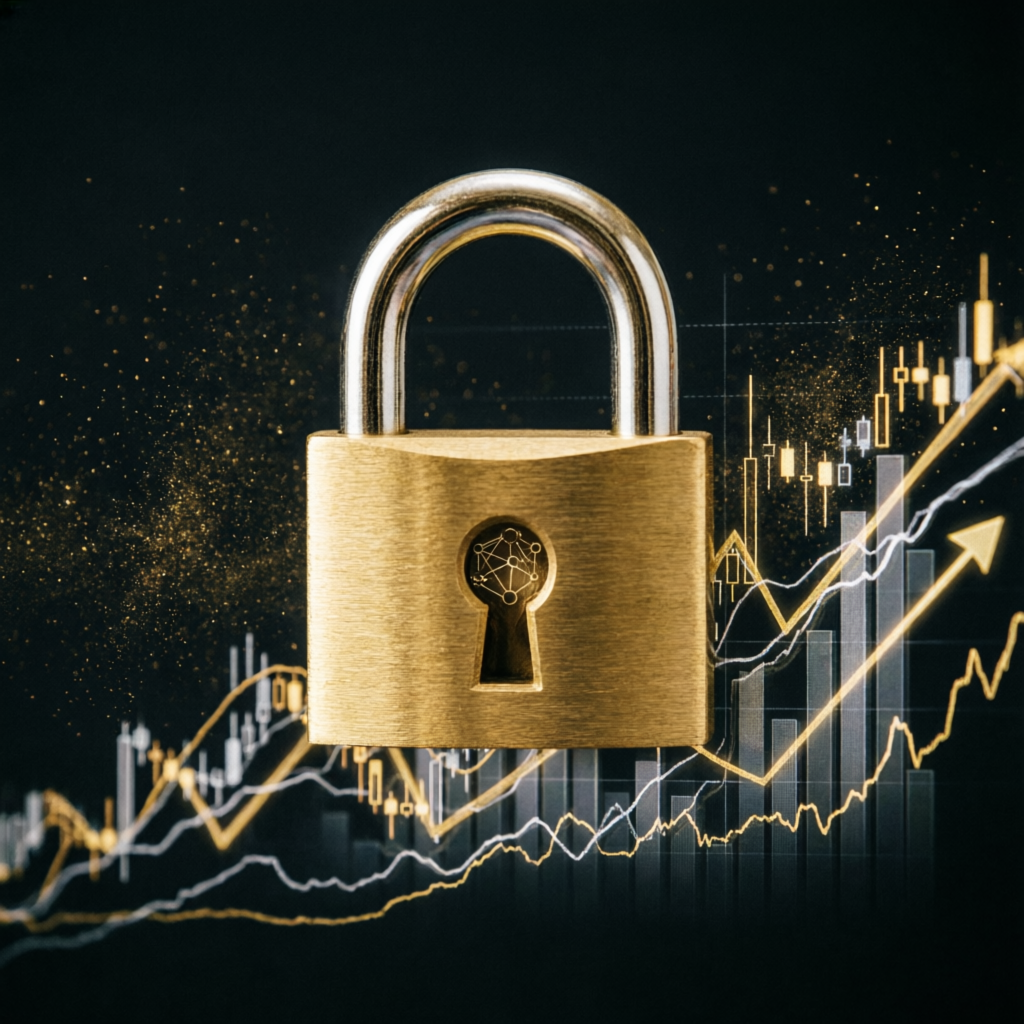 Security and trust concept with golden padlock over financial charts