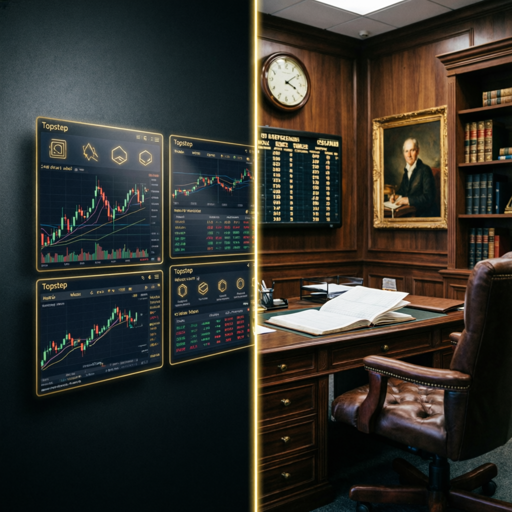 Topstep vs Traditional Prop Firms comparison showing modern trading platform versus legacy office