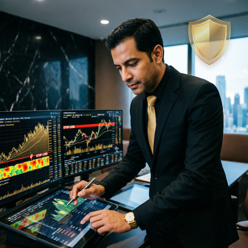 Professional trader managing risk with stop loss indicators on trading screens