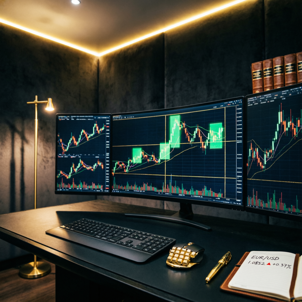 Professional trading workspace with multiple monitors showing forex charts