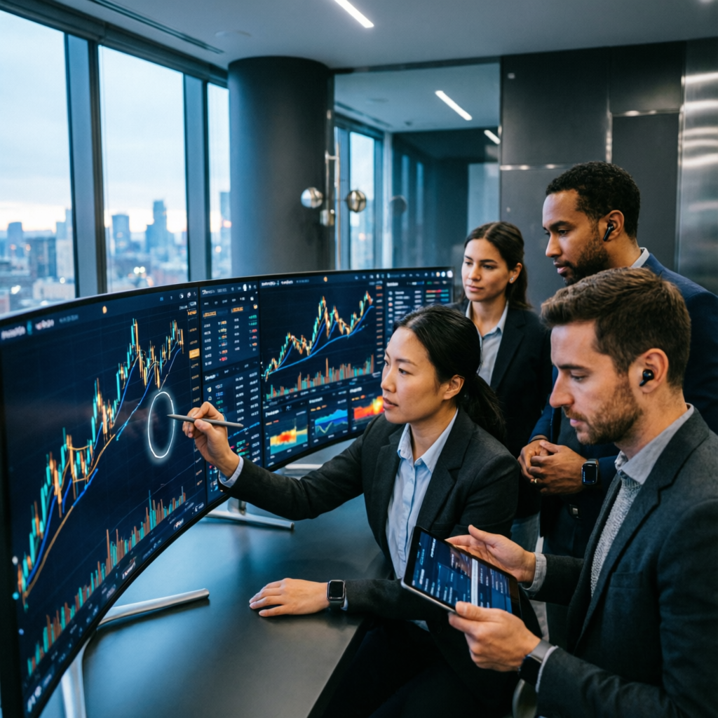 Professional trading team analyzing prop firm accounts