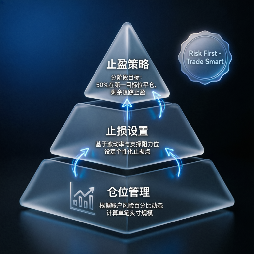 Risk management pyramid showing position sizing, stop loss, and take profit strategy layers