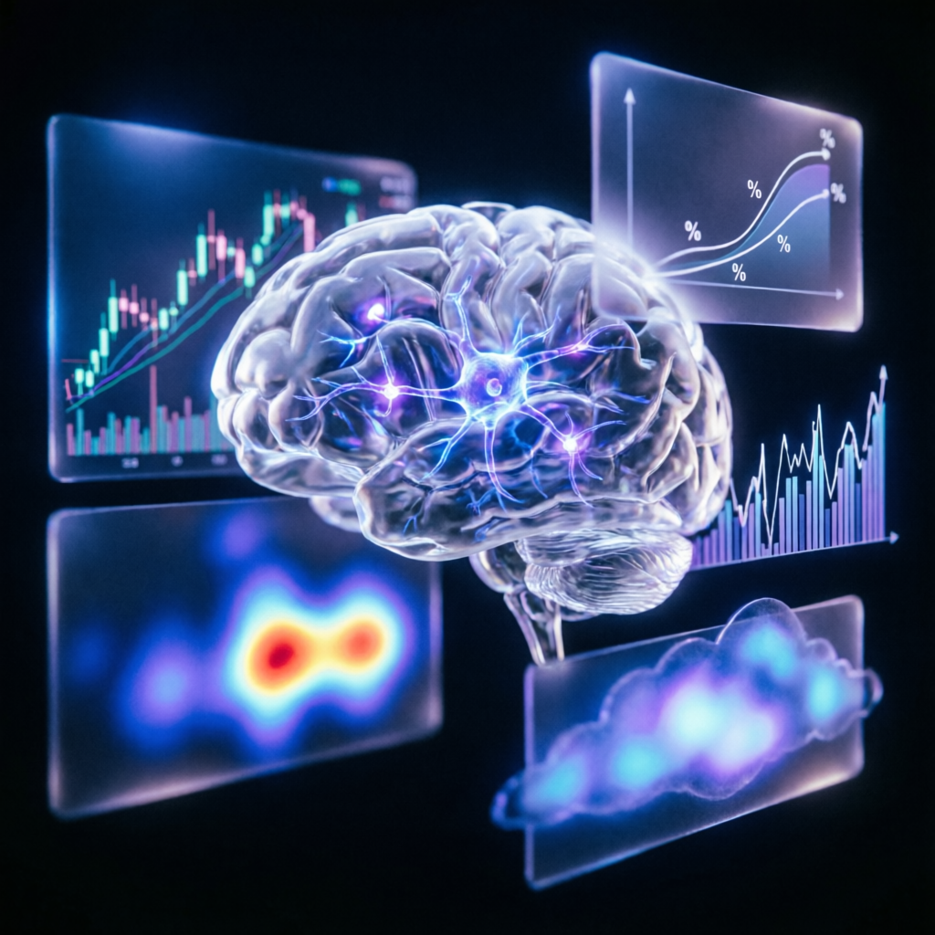 Trading psychology visualization showing brain connected to financial charts and indicators