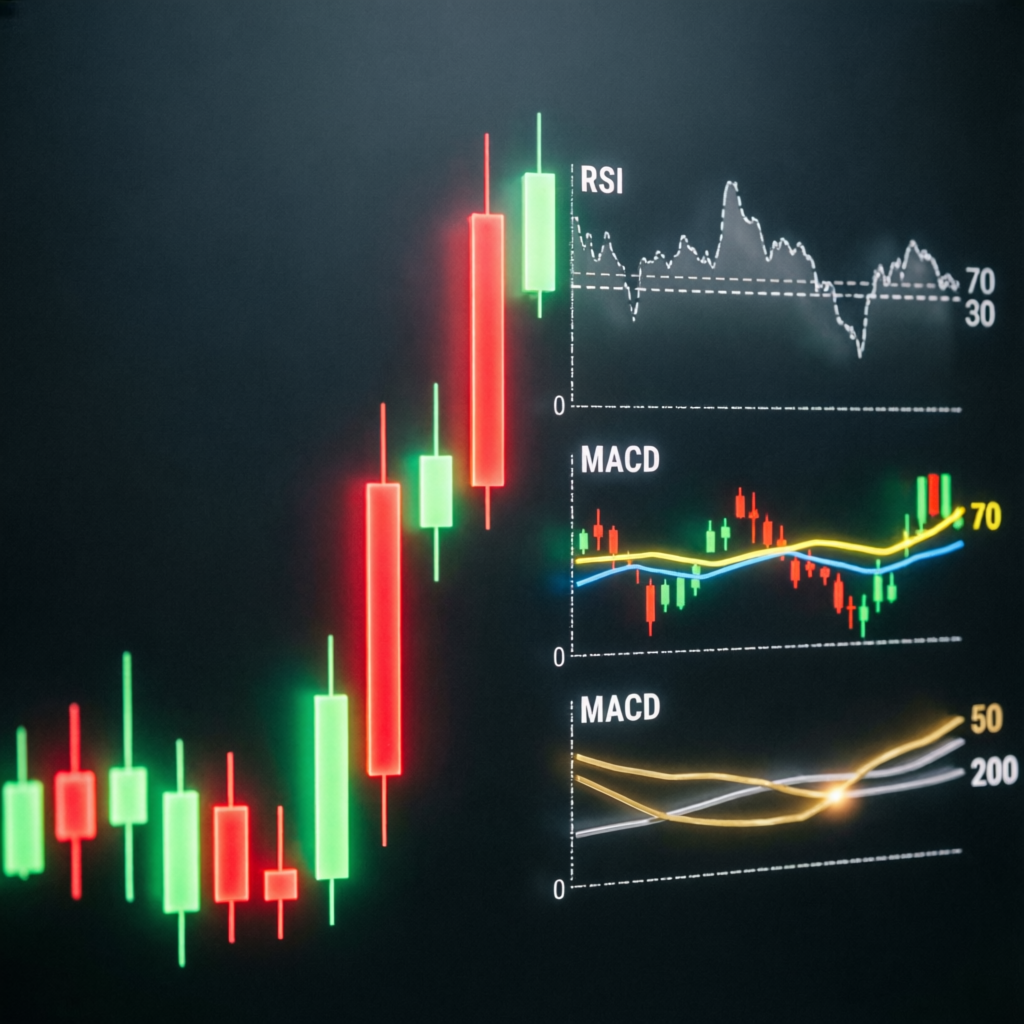 Technical analysis candlestick chart with RSI and MACD indicators for Apex trading strategy