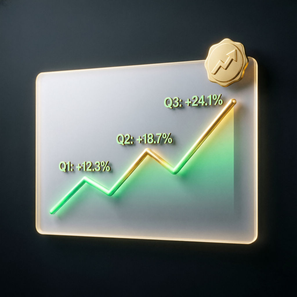 Financial growth chart showing quarterly profit increases for funded traders