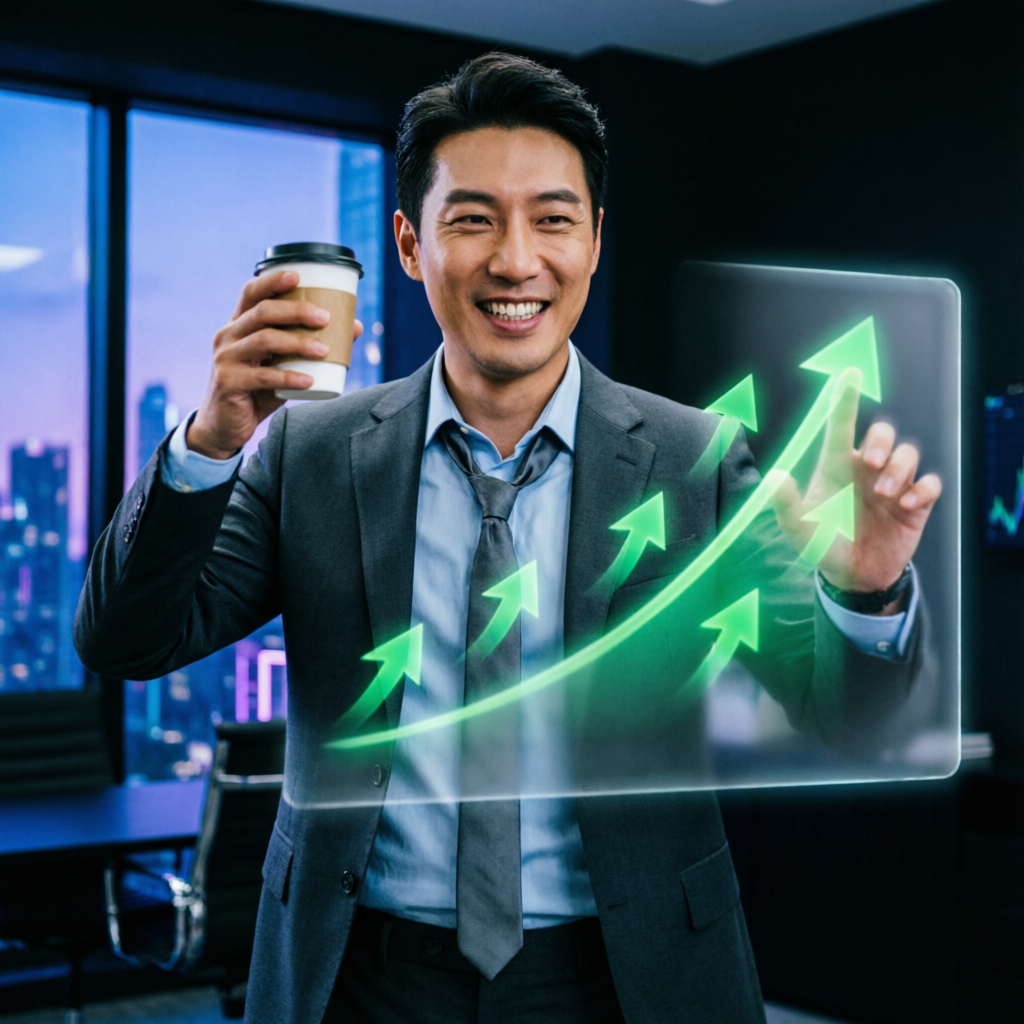 Successful funded trader celebrating profit growth with upward trending chart