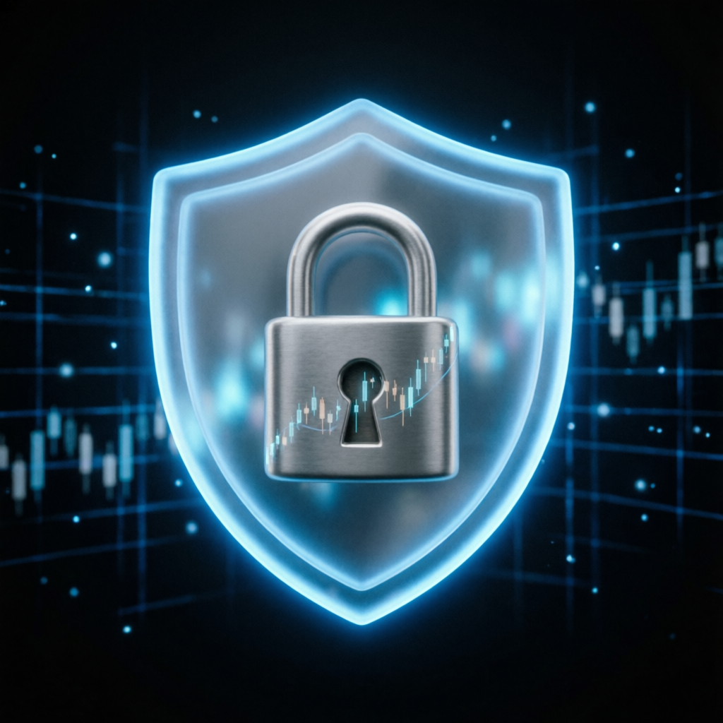 Security shield with lock protecting trading account - trust and security for prop firm services