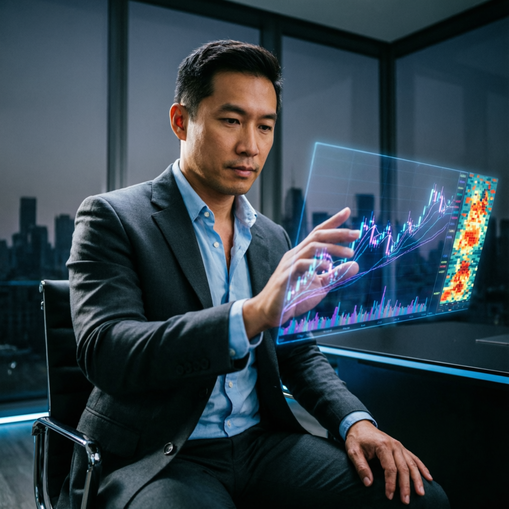 Professional trader reviewing holographic trading strategy charts in modern office
