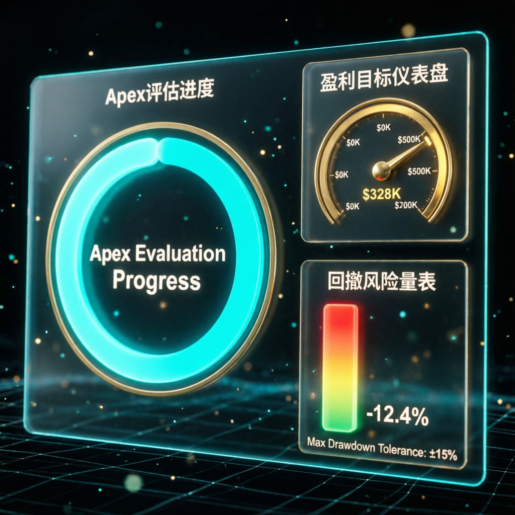 Apex Trader Funding evaluation dashboard showing profit target progress and drawdown risk meter