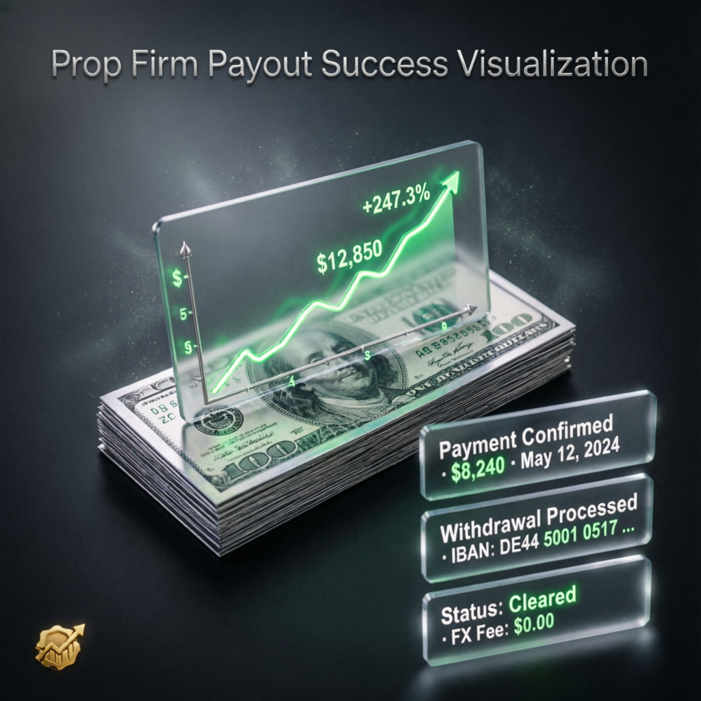 Prop firm payout success visualization showing profit chart and payment confirmation